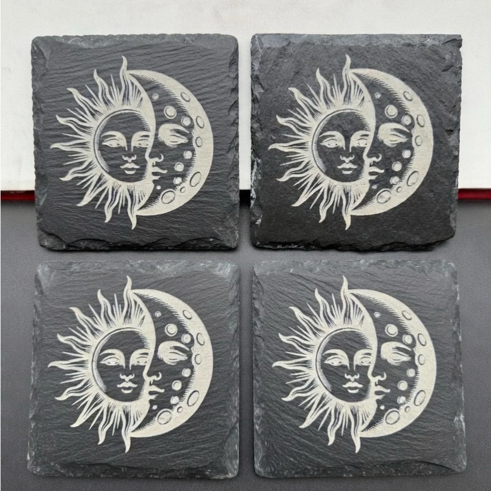 Sun and Moon Slate Coasters - Black and White Set of 4 Laser‎ Engraved Celestial